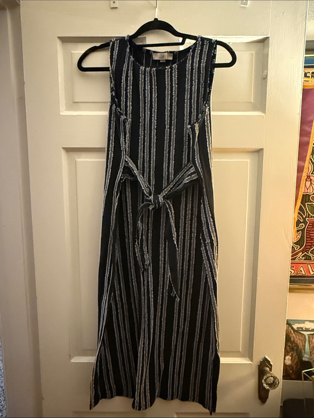 LOFT Black and Cream Striped eyelash Tie-Waist Maxi Dress